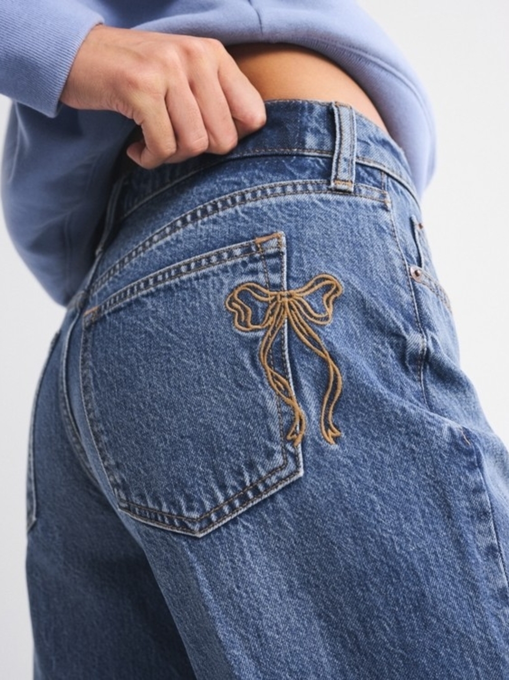 Abercrombie And Fitch Low Rise, Loose Fit, Blue Embroidered Bow Jeans